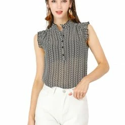Allegra K Women's Summer Floral Print Top Button Up Ruffle Sleeveless Blouse