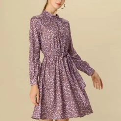 Allegra K Floral Long Sleeve Mock Neck Tie Waist Dress
