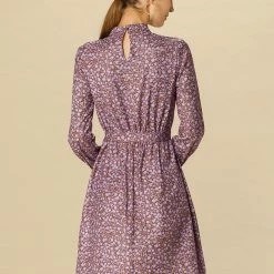 Allegra K Floral Long Sleeve Mock Neck Tie Waist Dress