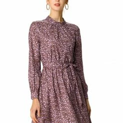 Allegra K Floral Long Sleeve Mock Neck Tie Waist Dress