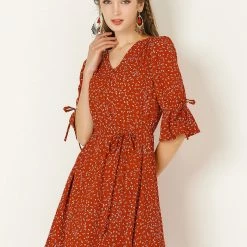 Allegra K Women's V Neck Tie Waist A-line Floral Dress 18 Allegra K Women's V Neck Tie Waist A-line Floral Dress