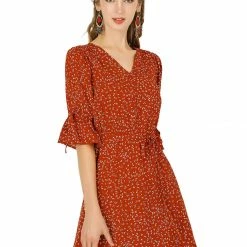 Allegra K Women's V Neck Tie Waist A-line Floral Dress