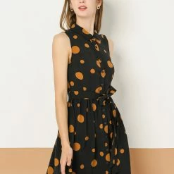 Allegra K Women's Polka Dot Button Down Tie Waist Sleeveless Shirt Dress