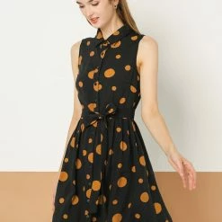 Allegra K Women's Polka Dot Button Down Tie Waist Sleeveless Shirt Dress