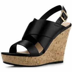 Allegra K Shoes Women's Wood Decoration Strappy Platform Wedge Sandals
