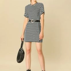Allegra K Women's Short Sleeve Contrast Color Crew Neck Mini Striped T-Shirt Dress