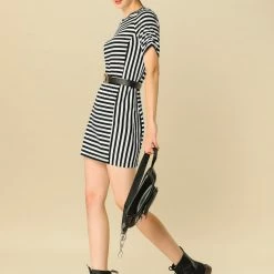 Allegra K Women's Short Sleeve Contrast Color Crew Neck Mini Striped T-Shirt Dress