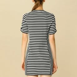 Allegra K Women's Short Sleeve Contrast Color Crew Neck Mini Striped T-Shirt Dress