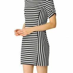 Allegra K Women's Short Sleeve Contrast Color Crew Neck Mini Striped T-Shirt Dress