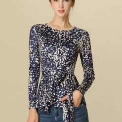 Allegra K]Waist Tie Peplum Top In Floral Print Women