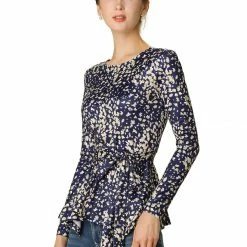 Allegra K]Waist Tie Peplum Top In Floral Print Women