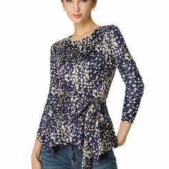Allegra K]Waist Tie Peplum Top In Floral Print Women