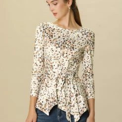 Allegra K]Waist Tie Peplum Top In Floral Print Women