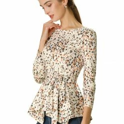 Allegra K]Waist Tie Peplum Top In Floral Print Women