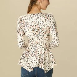 Allegra K]Waist Tie Peplum Top In Floral Print Women