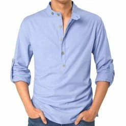 Allegra K Men Casual Banded Collar Button Down Long Sleeves Lightweight Henley Shirt
