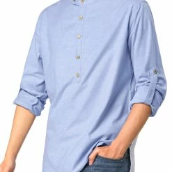Allegra K Men Casual Banded Collar Button Down Long Sleeves Lightweight Henley Shirt