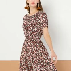 Allegra K Women's Floral Print Elastic Neck Short Sleeve Loose Belted Dress