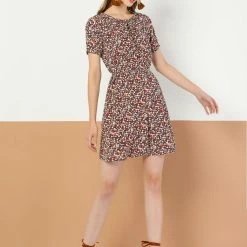 Allegra K Women's Floral Print Elastic Neck Short Sleeve Loose Belted Dress