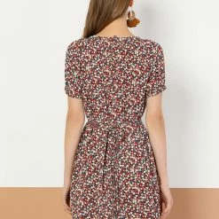 Allegra K Women's Floral Print Elastic Neck Short Sleeve Loose Belted Dress