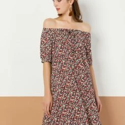 Allegra K Women's Floral Print Elastic Neck Short Sleeve Loose Belted Dress