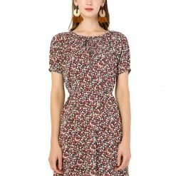 Allegra K Women's Floral Print Elastic Neck Short Sleeve Loose Belted Dress