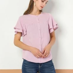 Allegra K Women's Ruffle Short Sleeve Button Down Loose Blouse Top 12 Allegra K Women's Ruffle Short Sleeve Button Down Loose Blouse Top