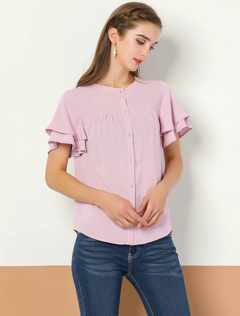 Allegra K Women's Ruffle Short Sleeve Button Down Loose Blouse Top 6 Allegra K Women's Ruffle Short Sleeve Button Down Loose Blouse Top