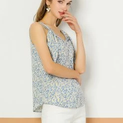 Allegra K Women's Floral V Neck Knot Shoulder Cami Tank Sleeveless Blouse Top