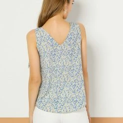 Allegra K Women's Floral V Neck Knot Shoulder Cami Tank Sleeveless Blouse Top