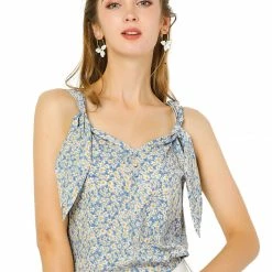 Allegra K Women's Floral V Neck Knot Shoulder Cami Tank Sleeveless Blouse Top