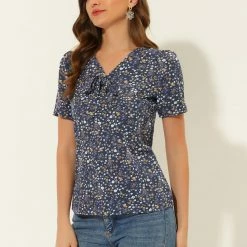 Allegra K Women's Printed Tie V Neck Short Sleeves Straight Loose Blouse Top