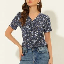 Allegra K Women's Printed Tie V Neck Short Sleeves Straight Loose Blouse Top