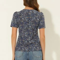 Allegra K Women's Printed Tie V Neck Short Sleeves Straight Loose Blouse Top