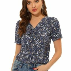 Allegra K Women's Printed Tie V Neck Short Sleeves Straight Loose Blouse Top