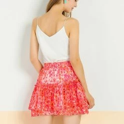 Allegra K Women's Fresh Floral Print Skirt Elastic High Waist Layer Ruffle A-Line Mini Short Skirts