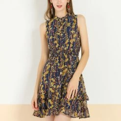 Allegra K Women's Floral A-line Smocked Waist Tiered Ruffled Chiffon Mini Dress