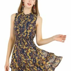 Allegra K Women's Floral A-line Smocked Waist Tiered Ruffled Chiffon Mini Dress
