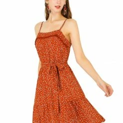 Allegra K Women's Spaghetti Strap Belted Casual Tassels Flare Floral Dress