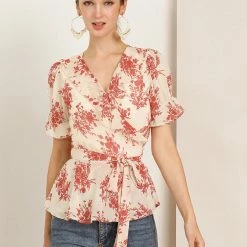 Allegra K Women's Wrap Peplum Top Blouse Tie Waist Short Sleeve Ruffle Floral V Neck Belted Shirts