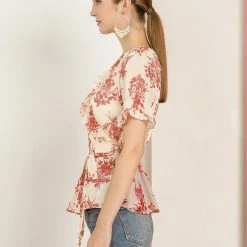 Allegra K Women's Wrap Peplum Top Blouse Tie Waist Short Sleeve Ruffle Floral V Neck Belted Shirts