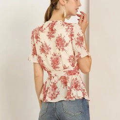 Allegra K Women's Wrap Peplum Top Blouse Tie Waist Short Sleeve Ruffle Floral V Neck Belted Shirts