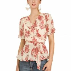 Allegra K Women's Wrap Peplum Top Blouse Tie Waist Short Sleeve Ruffle Floral V Neck Belted Shirts