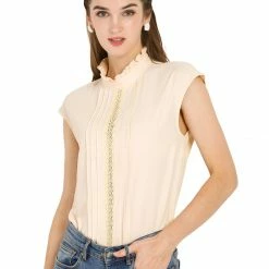 Allegra K Women's Work Casual Crochet Insert Pleated Plain Cap Sleeve Blouse