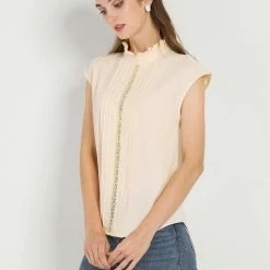 Allegra K Women's Work Casual Crochet Insert Pleated Plain Cap Sleeve Blouse