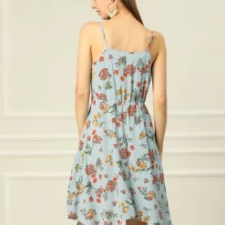 Allegra K Women's Floral Printed V Neck Asymmetric Flare Spaghetti Strap Dress