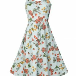 Allegra K Women's Floral Printed V Neck Asymmetric Flare Spaghetti Strap Dress