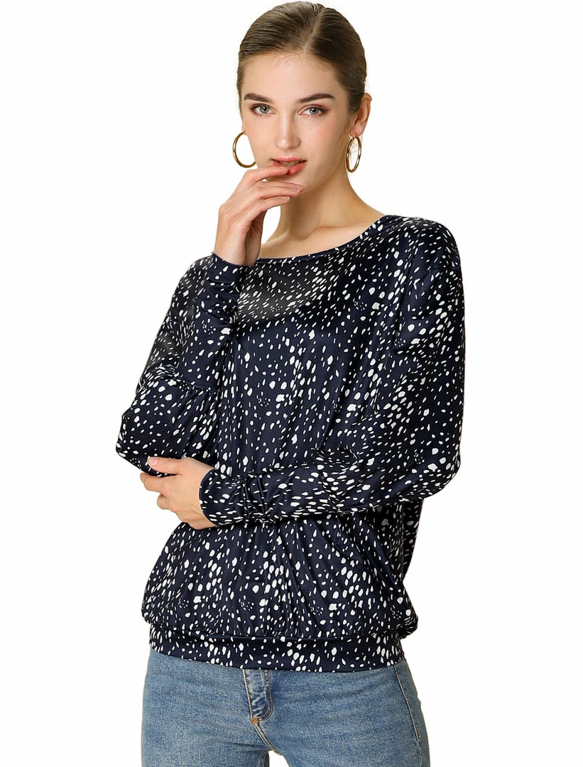 Women Allegra K Casual Round Neck Long Sleeve Leopard Print Blouson Top 4 Women Allegra K Casual Round Neck Long Sleeve Leopard Print Blouson Top