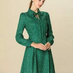 Women Allegra K Dots Print Button Long Sleeve Tie Neck Dress