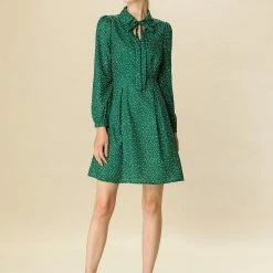 Women Allegra K Dots Print Button Long Sleeve Tie Neck Dress